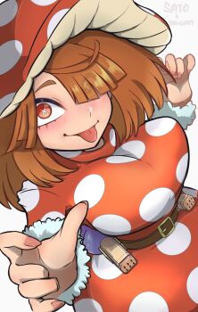 1girl absurdres belt belt_buckle blush bob_cut boku_no_hero_academia bottle breasts brown_eyes brown_hair buckle cleavage curled_fingers dress fingernails fly_agaric fur_trim hair_over_one_eye hands_up highres komori_kinoko large_breasts long_sleeves medium_hair mushroom mushroom_hat mushroom_on_head pink_nails polka_dot polka_dot_dress polka_dot_headwear red_dress sato-san short_hair smile solo spray_bottle symbol-shaped_pupils tongue tongue_out x-shaped_pupils