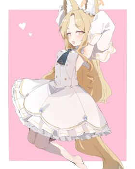 1girl animal_ear_fluff animal_ears armpits arms_behind_back back backless_dress backless_outfit blonde_hair blue_archive blush bow bright_pupils commentary cross_halo detached_sleeves dress extra_ears flower flower_wreath forehead fox_ears fox_girl fox_tail frilled_dress frills full_body halo hands_up highres jumping long_hair long_sidelocks looking_at_viewer looking_back multicolored_eyes open_mouth pantyhose parted_bangs pink_eyes presenting_armpit sailor_collar school_uniform seia_(blue_archive) serafuku shoes sidelocks simple_background sleeve_bow sleeveless sleeveless_dress sleeves_past_fingers sleeves_past_wrists solo straight_hair striped_clothes striped_pantyhose tail tail_bow tail_ornament thick_eyebrows two-tone_eyes vertical-striped_clothes vertical-striped_pantyhose very_long_hair white_dress white_flower white_pantyhose white_pupils white_sailor_collar white_shoes wide_sleeves yamanonba yellow_bow yellow_halo