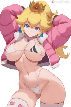 1girl bikini blonde_hair blue_eyes breasts choker closed_mouth coat commentary cowboy_shot crown earrings highres jewelry large_breasts long_hair looking_at_viewer mario_(series) navel nintendo open_clothes open_coat patreon_logo patreon_username pink_choker pink_coat ponytail princess_peach simple_background smile solo sphere_earrings swimsuit thighhighs white_background white_bikini white_thighhighs winter_peach zelc-face
