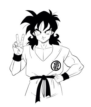 1boy commentary_request dougi dragon_ball dragonball_z hand_on_own_hip highres lee_(dragon_garou) male_focus medium_hair monochrome muscular muscular_male solo v v-shaped_eyebrows wristband yamcha