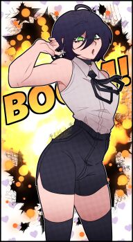Rule 34 | 1girl, :o, bare arms, bare shoulders, black choker, black shorts, black thighhighs, breasts, chainsaw man, choker, collared shirt, commentary, cowboy shot, cowlick, explosion, explosion background, green eyes, grenade pin, hair between eyes, heart, heart background, highres, lightninsprout, looking at viewer, neck ribbon, open mouth, purple hair, reze (chainsaw man), ribbon, shirt, shirt tucked in, short hair, shorts, signature, sleeveless, sleeveless shirt, small breasts, solo, standing, thighhighs, white background, white shirt