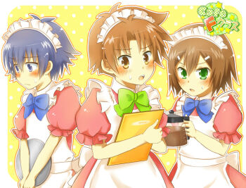 3boys alternate_costume apron baka_to_test_to_shoukanjuu blue_eyes blue_hair blush brown_eyes brown_hair coffee_pot crossdressing crossdressing_(mtf) enmaided green_eyes kinoshita_hideyoshi maid maid_apron maid_headdress male_focus male_maid multiple_boys niwa_(kisen) polka_dot polka_dot_background school_uniform short_hair sweatdrop trap tray tsuchiya_kouta yoshii_akihisa