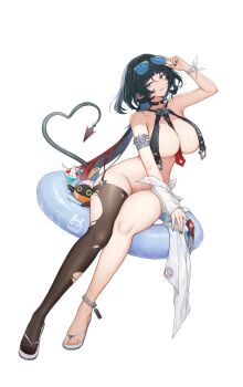 1girl absurdres adjusting_eyewear alternate_costume animal_ears bangboo_(zenless_zone_zero) between_breasts black_choker black_hair black_nails black_necktie black_thighhighs blue-tinted_eyewear bottomless breasts choker commentary convenient_leg eous_(zenless_zone_zero) eyewear_on_head full_body gradient_hair green_eyes grin groin highres huge_breasts innertube jane_doe_(zenless_zone_zero) kiriko_(araragikoyomi) long_hair looking_at_viewer mouse_ears mouse_girl mouse_tail multicolored_hair nail_polish necktie necktie_between_breasts no_bra red_hair red_necktie sidelocks simple_background single_thighhigh smile solo stomach sunglasses swim_ring tail thighhighs thighs tinted_eyewear toes torn_clothes torn_thighhighs two-tone_necktie underwear very_long_hair white_background zenless_zone_zero