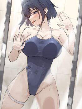 1girl against_glass blue_eyes blue_hair blue_one-piece_swimsuit breast_press breasts breasts_on_glass competition_swimsuit hair_intakes hand_on_glass highleg highleg_one-piece_swimsuit highres hololive hololive_english large_breasts nurizza_ilst one-piece_swimsuit ouro_kronii shower_(place) showering swimsuit tile_wall tiles virtual_youtuber