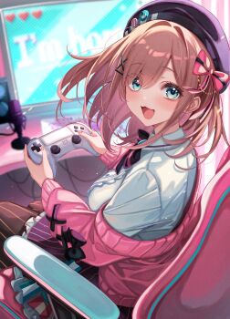 1girl blue_eyes bow brown_hair cardigan controller game_controller hair_ornament hat_pin highres holding holding_controller holding_game_controller indoors long_sleeves looking_at_viewer nijisanji open_mouth pantyhose pink_cardigan sa-ya2 shirt sitting skirt smile solo striped_clothes striped_pantyhose striped_skirt suzuhara_lulu vertical-striped_clothes vertical-striped_pantyhose vertical-striped_skirt virtual_youtuber white_shirt x_hair_ornament