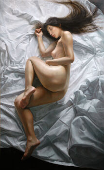 1girl ass barefoot bed_sheet black_hair breasts closed_eyes closed_mouth commentary_request completely_nude feet hair_spread_out hand_up highres kaworu_(pixiv2055) knee_up long_hair lying nipples nude oil_painting_(medium) on_side original painting_(medium) realistic sleeping small_breasts solo traditional_media