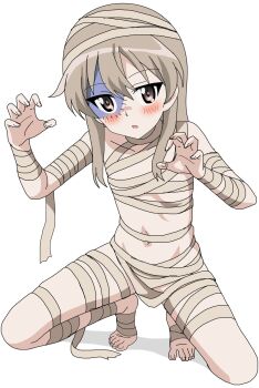 1girl blush breasts claw_pose girls_und_panzer green_eyes grey_hair halloween_costume highres long_hair looking_at_viewer mummy_costume navel riokasen shimada_arisu simple_background small_breasts solo squatting white_background