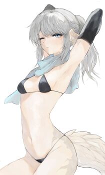 1girl arms_up au_ra bikini black_bikini black_gloves blue_eyes breasts dragon_girl dragon_horns dragon_tail elbow_gloves final_fantasy final_fantasy_xiv gloves grey_hair hachi0047 highres horns looking_at_viewer navel one_eye_closed ponytail scales scarf simple_background small_breasts solo stomach swimsuit tail warrior_of_light_(ff14) white_background