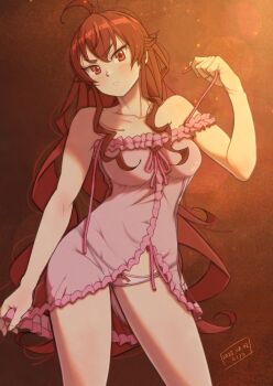 1girl ahoge babydoll breasts closed_mouth collarbone commentary_request dated eris_greyrat gradient_background hand_up highres holding_strap kiyo_(a_sam_ko) large_breasts long_hair looking_at_viewer medium_breasts mushoku_tensei navel official_alternate_costume orange_background panties pink_babydoll red_eyes red_hair signature solo standing strap_slip thighs underwear untying v-shaped_eyebrows very_long_hair white_panties