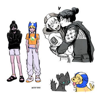 2girls :3 aigo_(oof1080) annoyed apex_legends beanie black_footwear black_hair black_hoodie blonde_hair blue_eyes blue_hat bodysuit cat cropped_shirt crossed_arms dog face_piercing facial_scar hair_bun hands_in_pockets hat heart highres hood hood_down hood_up hooded_bodysuit hooded_jacket hoodie hug jacket kiss kissing_cheek leaning_back leaning_forward lightning_bolt_symbol looking_at_viewer mask midriff mouth_mask multiple_girls multiple_views navel nessie_(respawn) nose_piercing orange_shirt pants piercing print_shirt protected_link sandals scar scar_on_arm scar_on_cheek scar_on_face shirt short_hair shorts single_hair_bun smile sweatpants tongue tongue_out twitter_username wattson_(apex_legends) wet white_background white_pants white_shorts wraith_(apex_legends) yuri