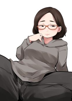 Rule 34 | 1girl, black pants, brown hair, commentary request, glasses, grey shirt, hand up, hood, hood down, jimiko, kirinama01, looking at viewer, original, pants, shirt, short hair, simple background, spread legs, white background