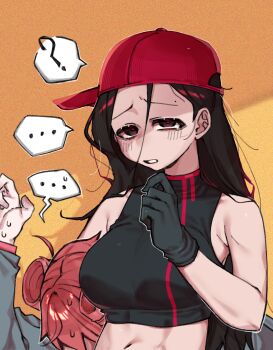 ... 2girls ? ahoge armpit_hold baseball_cap black_eyes black_gloves black_hair black_shirt breasts butcher_vanity_(synthesizer_v) carrying carrying_under_arm commentary crop_top danchoo drill_hair furrowed_brow gloves hair_between_eyes hand_up hat highres kasane_teto kasane_teto_(sv) large_breasts long_hair long_hair_between_eyes mole mole_on_forehead multiple_girls parted_bangs parted_lips red_hair red_hat red_pupils shirt short_hair sleeveless sleeveless_shirt speech_bubble spoken_ellipsis spoken_question_mark spoken_sweatdrop sweatdrop synthesizer_v tilted_headwear twin_drills very_long_hair yi_xi_(synthesizer_v)
