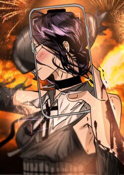 1girl 1other aerial_fireworks apron black_apron black_choker black_gloves black_ribbon blood blood_on_hands blush bomb_devil_(chainsaw_man) busuttt chainsaw_man choker collared_shirt dynamite elbow_gloves explosive fireworks gloves green_eyes grenade_pin highres neck_ribbon pov purple_hair reze_(chainsaw_man) ribbon shirt taking_picture viewfinder white_shirt