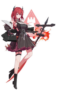 1girl arknights arknights:_endfield azk2 bare_shoulders black_boots black_dress black_horns black_jacket boots breasts cleavage closed_mouth commentary crossed_bangs dress fire full_body hair_between_eyes highres horns jacket knee_boots laevatein_(arknights) long_hair long_sleeves looking_at_viewer magic medium_breasts off_shoulder pink_eyes red_hair rhodes_island_logo_(arknights) solo surtr_(arknights) sword thigh_strap weapon white_background