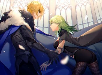 1boy 1girl alternate_hair_color armlet armor ass black_coat black_pantyhose blonde_hair bodice breasts bustier cape coat commentary_request dimitri_alexandre_blaiddyd dimitri_alexandre_blaiddyd_(timeskip) elbow_pads eyepatch feathers female_byleth_(awakened)_(fire_emblem) female_byleth_(fire_emblem) fire_emblem fire_emblem:_three_houses green_hair highres jewelry kyounatsuuu long_hair male_focus medium_breasts midriff midriff_peek nintendo outstretched_arm pantyhose pantyhose_under_shorts patterned_clothing patterned_legwear petals reaching short_hair shorts simple_background stained_glass vambraces