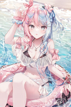 1girl adjusting_eyewear aqua_eyes arm_bow bare_shoulders beach bikini black_bikini black_bow blue-tinted_eyewear blue_hair blue_ribbon blue_scrunchie blush bow breasts cleavage collarbone commentary fingernails flower gradient-tinted_eyewear hair_flower hair_ornament hair_ribbon hairclip hand_up heart heart-shaped_eyewear heart_necklace heterochromia hibiscus highres innertube jewelry large_breasts light_blue_hair long_hair looking_at_viewer multicolored_hair navel necklace ocean open_mouth original outdoors pink-tinted_eyewear pink_bow pink_eyes pink_flower pink_hair pink_ribbon pink_scrunchie polka_dot polka_dot_ribbon red_flower ribbon sand scrunchie signature sitting solo split-color_hair stomach striped_ribbon swim_ring swimsuit taya_oco thighs tinted_eyewear two-tone_hair two-tone_ribbon two-tone_scrunchie water wrist_flower wrist_scrunchie