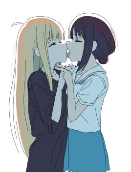 Rule 34 | 2girls, 4tonari, ahoge, black hair, black shirt, blonde hair, blue neckerchief, blue skirt, cho kaguya-hime!, commentary, cowboy shot, french kiss, hair bun, kaguya (cho kaguya-hime!), kiss, long hair, long sidelocks, mole, mole under eye, multiple girls, neckerchief, open mouth, profile, sailor collar, sakayori iroha, school uniform, serafuku, shirt, short hair, sidelocks, simple background, single side bun, skirt, tongue, tongue out, tribadism gesture, very long hair, white background, white sailor collar, white shirt, yuri