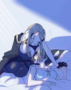 Rule 34 | 2girls, arm strap, ass, astra yao, black coat, black gloves, black hair, black pants, blonde hair, blush, chest harness, closed eyes, coat, coat on shoulders, collarbone, commentary request, evelyn chevalier, from behind, gloves, hair down, half gloves, harness, head on pillow, high-waist pants, holding hands, latex pants, long hair, loser7958431, lying, multiple girls, nightgown, on back, on bed, open mouth, pants, pillow, single bare shoulder, sitting, speech bubble, tight clothes, tight pants, translation request, under covers, white nightgown, yuri, zenless zone zero