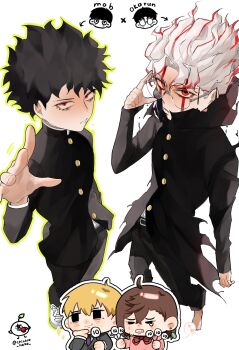 Rule 34 | 1girl, 3boys, absurdres, alternate form, ayase momo, crossover, dandadan, formal clothes, gakuran, glasses, grey suit, hachi (chisano hako), highres, kageyama shigeo, mask, mob psycho 100, mouth mask, multiple boys, psychic, red eyes, reigen arataka, round eyewear, school uniform, suit, takakura ken (dandadan), takakura ken (transformed) (dandadan), tall hair, transformation, white hair