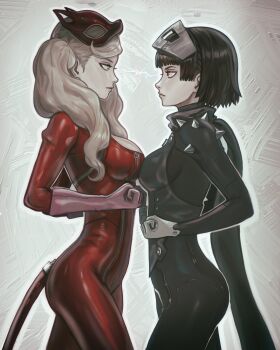 2girls akiman_pose annoyed ass biker_clothes black_scarf blonde_hair blue_bodysuit blue_eyes blunt_bangs bodysuit braid breast_on_breast breast_press breasts brown_hair capcom_vs._snk cat_mask catsuit chapinor crown_braid earrings from_side full-length_zipper gloves grey_mask highres jewelry latex latex_bodysuit long_hair long_scarf looking_at_another mask mask_on_head medium_breasts metal_mask multiple_girls niijima_makoto panther_(persona_5) persona persona_5 pink_gloves queen_(persona_5) red_bodysuit red_eyes red_mask revision scarf short_hair shoulder_spikes simple_background spiked_knuckles spikes symmetrical_docking tail takamaki_anne twintails white_gloves zipper