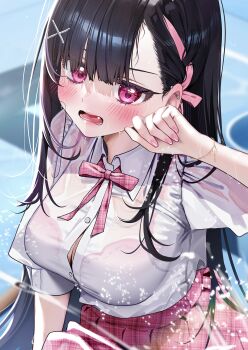 1girl black_hair blush bra_visible_through_clothes bracelet breasts button_gap collared_shirt commentary_request cowboy_shot ear_blush ear_piercing embarrassed fang from_above hair_behind_ear hair_ornament hair_over_shoulder hair_ribbon hand_up highres jewelry large_breasts long_hair looking_at_viewer nail_polish neck_ribbon open_mouth original piercing pink_eyes pink_nails pink_ribbon pink_skirt plaid_clothes plaid_ribbon plaid_skirt pleated_skirt ribbon school_uniform see-through_clothes see-through_shirt shirt shirt_tucked_in short_sleeves skirt solo straight_hair very_long_hair water wavy_mouth wet wet_clothes wet_shirt white_shirt wing_collar x_hair_ornament yuuyu_(moco20111115)