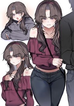 +_+ 2boys absurdres ayase_ayato_(imamiya_pinoko) bad_source bare_shoulders black_pants clenched_teeth collarbone covered_navel crossdressing crossdressing_(mtf) fang grey_hoodie highres hood hood_down hoodie imamiya_pinoko long_sleeves looking_at_viewer male_focus multiple_boys off-shoulder_shirt off_shoulder open_mouth original pants parted_bangs parted_lips shirt skin_fang sleeves_past_wrists teeth thick_eyebrows trap yaoi