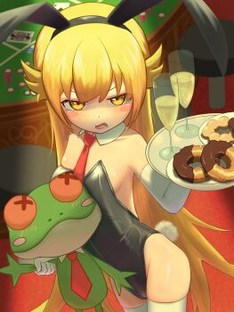 1girl animal_ears bakemonogatari bare_shoulders black_leotard blonde_hair blush_stickers breasts champagne_flute cup detached_collar donut drinking_glass elbow_gloves fake_animal_ears fake_tail fang food gloves highleg highleg_leotard holding holding_tray indoors leotard loli long_hair looking_at_viewer monogatari_(series) necktie onon72234864 open_mouth oshino_shinobu playboy_bunny rabbit_ears rabbit_tail red_necktie small_breasts solo strapless strapless_leotard stuffed_toy table tail thighhighs tray very_long_hair white_gloves white_thighhighs wine_glass yellow_eyes