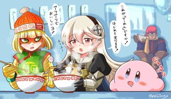 2girls amahime_kaichou arms_(game) beanie blonde_hair bowl captain_falcon chopsticks eye_mask f-zero female_corrin_(fire_emblem) fire_emblem fire_emblem_fates food green_eyes hairband hat kirby kirby_(series) long_hair mask min_min_(arms) multiple_girls nintendo noodles ramen red_eyes short_hair steam super_smash_bros.