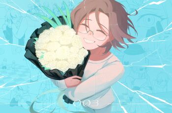 6+boys 6+girls ^_^ absurdres aotsuki_eito blue_background bouquet brown_hair closed_eyes commentary drink_carton english_commentary eyeball facing_viewer flower food futuran_child glasses grin hand_on_own_face highres holding holding_bouquet holding_milk_carton holding_plate hugging_object kawana_tsubasa kirifuji_nozomi male_focus maruko_gaku milk_carton mojiro_moko multiple_boys multiple_girls no_shirt noct2aa omokage_yugamu pants plate sandwich shirt shizuhara_hiruko short_hair sirei_(hundred_line) smile solo_focus sumino_takumi the_hundred_line_-last_defense_academy- tsukumo_ima tsukumo_kako volleyball watermark white_pants white_shirt yakushiji_takemaru