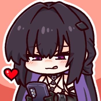 1girl black_gloves black_hair blush chibi choker colored_inner_hair concha_(mamecha) elbow_gloves gloves goddess_of_victory:_nikke hair_intakes hair_ornament half_updo heart holding holding_phone leather_bikini long_hair lowres mihara_(bonding_chain)_(nikke) mihara_(nikke) multicolored_hair official_alternate_costume phone purple_eyes sidelocks solo strap tongue tongue_out upper_body very_long_hair