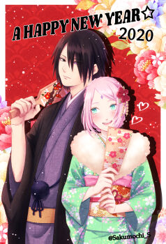 Rule 34 | 1boy, 1girl, 2020, :d, alternate costume, black eyes, black hair, black haori, closed mouth, couple, eyes visible through hair, floral print, floral print kimono, flower, green eyes, green kimono, hagoita, hair over one eye, haori, happy new year, haruno sakura, heart, hetero, heterochromia, highres, japanese clothes, kimono, long sleeves, looking at another, mochiii-s, naruto (series), naruto shippuuden, new year, open mouth, paddle, pink hair, print kimono, purple eyes, purple kimono, rinnegan, short hair, smile, teeth, twitter username, uchiha sasuke, wide sleeves
