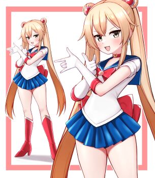 1girl absurdres back_bow bishoujo_senshi_sailor_moon blonde_hair blue_sailor_collar blue_skirt boots bow brown_eyes choker cosplay cowboy_shot double_bun elbow_gloves full_body gloves hair_bun highres kantai_collection leotard long_hair magical_girl multiple_views pleated_skirt red_boots red_bow red_choker sailor_collar sailor_moon sailor_moon_(cosplay) sailor_moon_pose sailor_senshi_uniform shimakaze_(kancolle) skirt smile tiemu_(man190) tsuki_ni_kawatte_oshioki_yo twintails v-shaped_eyebrows white_gloves white_leotard