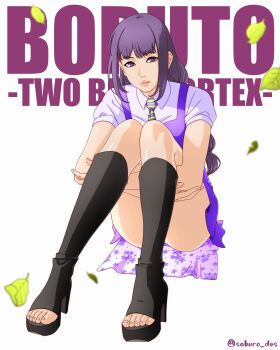 1girl absurdres ankle_boots black_boots boots boruto:_two_blue_vortex braid copyright_name dress floral_print full_body highres hugging_own_legs kakei_sumire knees_up leaning_forward naruto_(series) necktie no_pupils on_ground open-toe_boots parted_lips pinafore_dress purple_dress purple_eyes purple_hair purple_shirt saburo_des shirt short_sleeves sidelocks sleeveless sleeveless_dress striped_necktie thighs toes twitter_username white_background