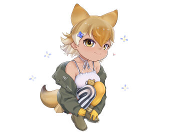 1girl animal_ears bare_shoulders beleven blonde_hair boots camisole coyopotato coyote_(kemono_friends) extra_ears gloves hair_ornament hairpin highres jacket kemono_friends kemono_friends_v_project looking_at_viewer short_hair shorts simple_background sitting skirt tail thighhighs virtual_youtuber wolf_ears wolf_girl wolf_tail yellow_eyes