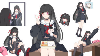 1girl absurdres adjusting_clothes adjusting_shoe arm_cutout arm_up bento black_choker black_hair black_jacket black_serafuku black_shirt black_shoes black_skirt black_socks blush breasts chibi chibi_inset chinese_commentary chisa_(wuthering_waves) choker closed_mouth clothing_cutout commentary_request cutlet egg_(food) food frieren hair_ribbon hand_up highres holding holding_spoon hot_dog jacket long_hair long_sleeves looking_at_viewer looking_up medium_breasts meme multiple_views neckerchief pink_petals qianbihezhong red_eyes red_neckerchief red_ribbon ribbon rice sailor_collar school_uniform serafuku shirt shoes simple_background sitting skirt smile socks sousou_no_frieren spoon upward_angle_frieren_drawing_(meme) white_background white_sailor_collar wuthering_waves