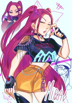 Rule 34 | 1girl, black gloves, character name, chibi, commentary, cowboy shot, crop top, earrings, eyeshadow, fingerless gloves, glasses, glint, gloves, hat, heart, highres, jewelry, kpop demon hunters, long hair, looking at viewer, makeup, mira (kpop demon hunters), multiple views, pink eyes, pink hair, rochip00, sidelocks, signature, skirt, twintails, yellow skirt