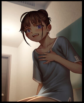 Rule 34 | 1girl, as109, blue eyes, blush, brown hair, collarbone, female focus, fingernails, highres, indoors, looking at viewer, open mouth, original, sad smile, short hair, sitting, solo, tearing up, tears, teeth, upper body, upper teeth only