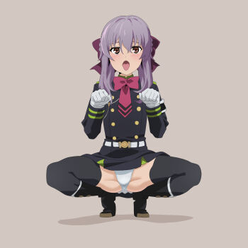 1girl aoki_ken&#039;ichirou belt black_shirt black_skirt black_thighhighs brown_eyes commission full_body gloves hair_between_eyes hair_ribbon highres hiiragi_shinoa long_hair long_sleeves looking_at_viewer miniskirt open_mouth owari_no_seraph panties purple_hair ribbon school_uniform shirt simple_background skeb_commission skirt solo squatting thighhighs tongue tongue_out underwear white_gloves white_panties