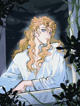 Rule 34 | 1boy, arm rest, blonde hair, blue eyes, chinese commentary, commentary request, earrings, giorno giovanna, hair down, highres, jewelry, jojo no kimyou na bouken, long hair, long sleeves, male focus, partially open shirt, partially unbuttoned, pectoral cleavage, pectorals, plant, smile, solo, stud earrings, vento aureo, vines, window, xing wei (likin000)