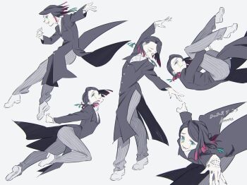 1boy 2023 arm_up arms_behind_back artist_name black_hair black_jacket blue_eyes body_writing buttons closed_eyes closed_mouth coattails colored_tips dancing demon_boy dynamic_pose enmu_(kimetsu_no_yaiba) facial_mark fang floating_clothes floating_hair full_body furrowed_brow grey_pants hugging_own_legs jacket jumping kawazu_(kwzuuun) kimetsu_no_yaiba knees_up long_sleeves looking_at_viewer male_focus medium_hair misplaced_mouth multicolored_hair multiple_views open_mouth outstretched_arm pants profile purple_nails shoes signature simple_background skin_fang smile symbol-shaped_pupils tailcoat tears_facial_mark trap undershirt white_background white_shoes