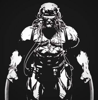 1boy bracelet cable chest_hair claw_(weapon) clenched_hands commentary cowboy_shot dark english_commentary facial_hair helmet jewelry leinil_yu looking_at_viewer male_focus marvel medium_hair monochrome muscular muscular_male pants solo topless_male weapon wolverine_(weapon_x)_(x-men) wolverine_(x-men) x-men