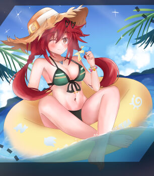 absurdres arm_behind_back bare_shoulders beach bikini bracelet breasts character_signature choujigen_taisen_neptune_vs_sega_hard_girls cleavage cloud float floaty food hat highres ice_cream innertube jewelry knees long_hair medium_breasts midriff navel necklace neptune_(series) ocean one_eye_closed orange_eyes palm_tree red_hair rubber_ring sky smile sonic_(series) stomach swim_ring swimsuit takhashi_yuri tennouboshi_uzume thighs tree water wet wet_clothes wet_hair wet_swimsuit wink yuri_takhash1