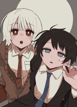 Rule 34 | 2boys, :o, akinashi haru, between legs, black jacket, black pants, blue necktie, blush, brown cardigan, cardigan, collared shirt, commentary request, dress shirt, from above, hand between legs, jacket, looking at viewer, male focus, multiple boys, necktie, pants, red necktie, saihate eki, shirt, sitting, tatsunami shion, v arms, white shirt, ze no crime