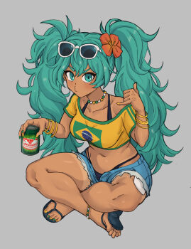 1girl :3 absurdres aqua_eyes aqua_hair beafandraw bikini bikini_under_clothes blush brazilian_flag brazilian_flag_print brazilian_miku breasts collarbone cowboy_shot crop_top crossed_legs curvy earrings eyebrows flag_print flip-flops full_body g-string gluteal_fold grey_background grin guarana_antarctica hatsune_miku highres jewelry long_hair looking_at_viewer medium_breasts micro_shorts navel_piercing piercing puckered_lips pursed_lips sandals shaka_sign shiny_skin short_shorts shorts side-tie_bikini_bottom simple_background smile solo sunglasses swimsuit tan tanline thigh_gap thong thong_bikini twintails very_long_hair vocaloid wide_hips