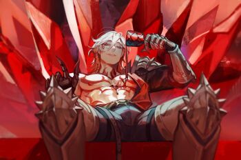 1boy alcohol arm_up armor belt black_belt black_pants braid chalice chest_tattoo clawed_gauntlets commentary_request crystal cup double-parted_bangs facial_tattoo feet_out_of_frame gauntlets hair_between_eyes holding holding_cup honkai:_star_rail honkai_(series) looking_at_viewer male_focus medium_hair mydei_(honkai:_star_rail) neck_tattoo nipples pants parted_lips pauldrons pectorals red_eyes red_tattoo russian_commentary saiprin shoulder_armor side_braid single_braid single_pauldron sitting smile solo spikes spilling tattoo teeth thigh_belt thigh_strap wine