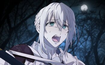 0304rong0304 1boy absurdres armor bedivere_(fate) blue_eyes braid commentary_request fate/grand_order fate_(series) forest full_moon grey_hair highres korean_commentary male_focus moon nature night open_mouth photo_background portrait sidelocks solo sweat