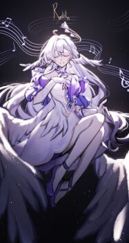 Rule 34 | 1girl, absurdres, angel wings, bare shoulders, black background, breasts, character name, closed eyes, commentary, detached sleeves, dress, earrings, english commentary, facing viewer, feathered wings, full body, gloves, halo, hand on own chest, hand on own hip, head wings, high heels, highres, honkai: star rail, honkai (series), invisible chair, jewel under eye, jewelry, long hair, medium breasts, musical note, musical staff, parted lips, pearl earrings, pumps, purple dress, purple hair, purple shoes, robin (honkai: star rail), shoes, simple background, single earring, sitting, smile, solo, sparrow4193941, two-tone dress, very long hair, white dress, white gloves, white wings, wings