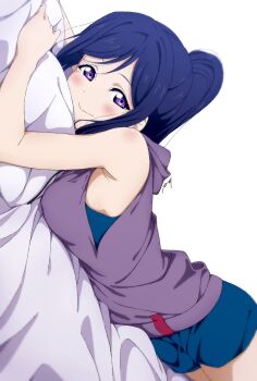 Rule 34 | 1girl, armpits, blue hair, blue shirt, blue shorts, blush, commentary request, head on pillow, highres, long hair, looking at viewer, love live!, love live! sunshine!!, lying, matsuura kanan, nagi mkrnpn, on stomach, pillow, ponytail, purple eyes, purple shirt, shirt, shorts, sleeveless, smile, solo, white background