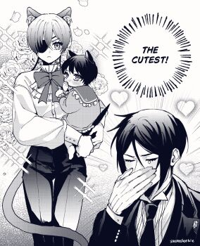 3boys aged_up animal_ears butler cat_boy cat_ears cat_tail ciel_phantomhive english_text eyelashes eyepatch father_and_son greyscale highres implied_yaoi kemonomimi_mode kurosh00kie kuroshitsuji male_focus monochrome multiple_boys sebastian_michaelis tail theo_(kurosh00kie) toddler