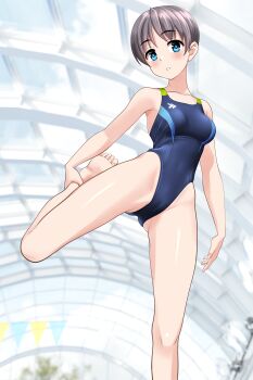 1girl absurdres blue_eyes blue_one-piece_swimsuit breasts commentary_request competition_swimsuit covered_navel feet_out_of_frame foot_up glass_ceiling grey_hair highleg highleg_one-piece_swimsuit highres leg_lift looking_at_viewer medium_breasts multicolored_swimsuit one-piece_swimsuit original short_hair solo stretching string_of_flags swimsuit takafumi variant_set